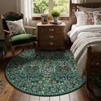 6' Round Area Rug - Floral Vintage Forest Washable Low Pile Non-Slip Carpet for Living Room, Bedroom, Dining Room, Office (Dark Green)