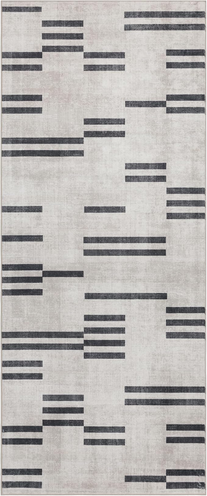 ReaLife Rugs Machine Washable Area Rug Runner - Living Room Bedroom Bathroom Kitchen Entryway Office -Non-Slip Baking Low Pile Stain Resistant Premium - Modern Geometric Loki-Beige & Black 2'6" x 6'