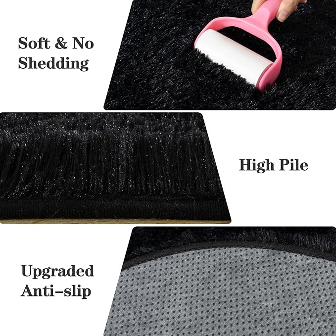 Soft Fluffy Area Rug for Bedroom, Black Fuzzy Shaggy Oval Throw Rugs for Bedside, Non-Slip Cozy Plush Shag Carpet for Kids Room Nursery Dorm Living Room, 2.6 x 5.3 Feet