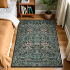 Large Moody 3x5 Rugs for Entryway Indoor, Dark Green Washable French Country Inspired Non Slip Area Rug for Dorm, Kitchen, Bedroom Bedside, Foyer, Laundry Room - Boho Distressed Floral Front Door Mat