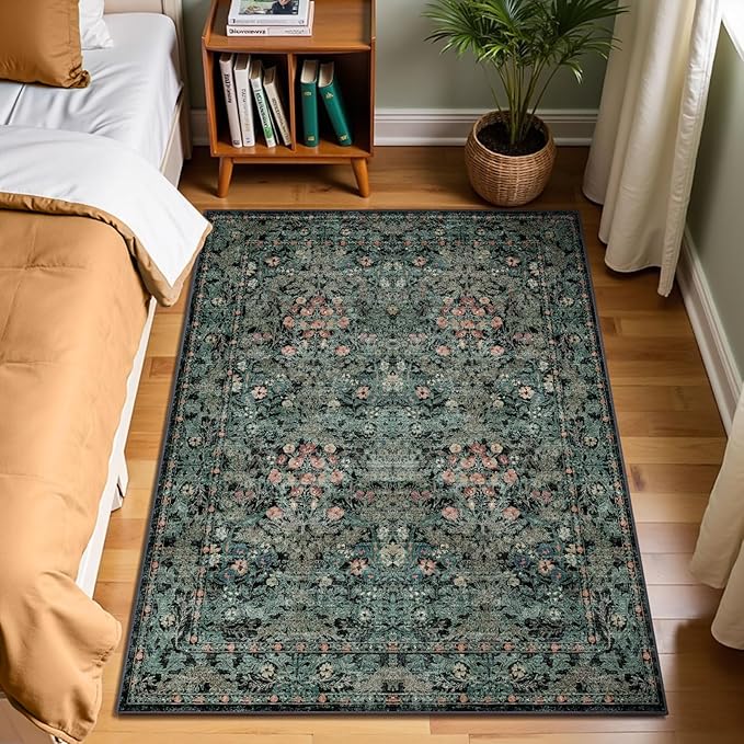 Large Moody 3x5 Rugs for Entryway Indoor, Dark Green Washable French Country Inspired Non Slip Area Rug for Dorm, Kitchen, Bedroom Bedside, Foyer, Laundry Room - Boho Distressed Floral Front Door Mat