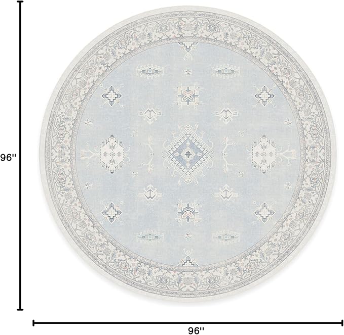 RUGGABLE Washable Vintage Area Rug – Verena Soft Blue 8 ft Round, Stain-Resistant, Non-Slip – Large Machine Washable Rugs for Living Room, Bedroom, Hallway, Entryway & Office–with Standard Pad