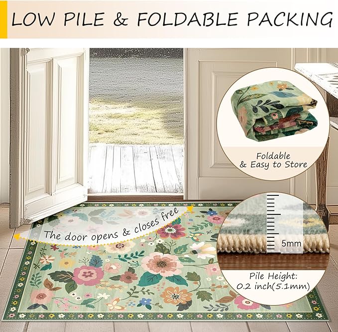 Floral 6x9 Area Rug Machine Washable Soft Print Boho Carpet Non Slip Doormat Low Pile Flower Area Rugs for Living Room Bedroom Nursery Kitchen Dining Room Indoor-Light Green