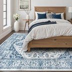 LIVEBOX Blue Washable Area Rug 8x10 - Large Vintage Tribal Living Room Rug Oriental for Bedroom, Non-Slip Retro Medallion Carpet Print Distressed for Dining Room Guest Office