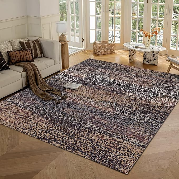 RUGSURE Washable Area Rug - 1/6" Thick Low Pile - Stain & Water Resistant Non-Slip Backing - Pet & Child Friendly Vintage Abstract Design in Multi-Tone Rust Brown, Blue & Beige (3' x 5')