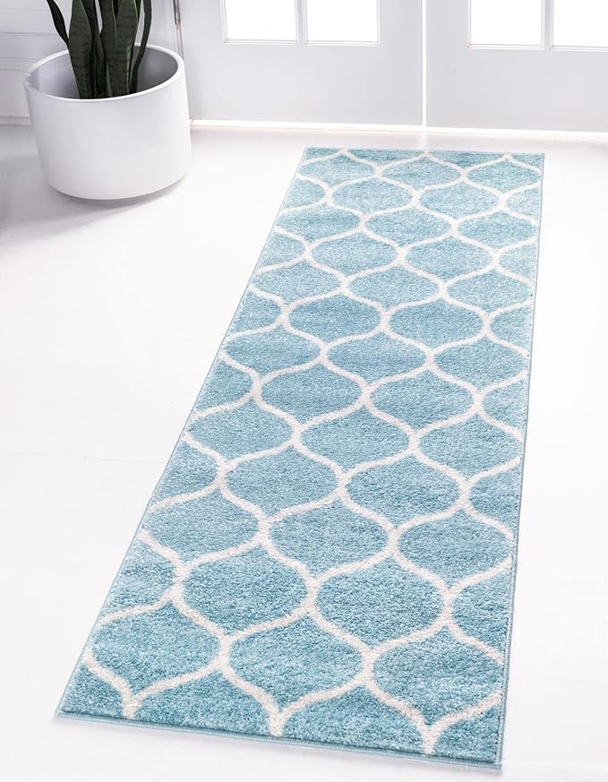 Rugs.com Lattice Frieze Collection Rug – 2' x 13' Runner Light Blue Medium Rug Perfect for Living Rooms, Large Dining Rooms, Open Floorplans