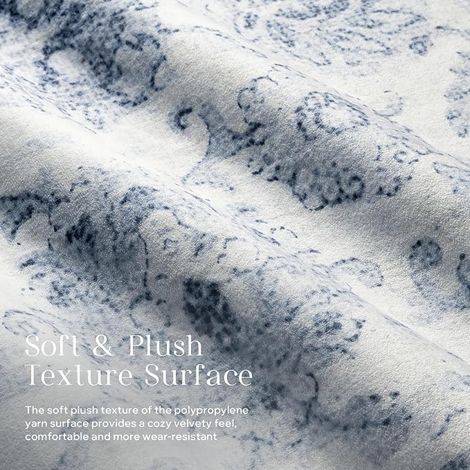 Phantoscope Washable Area Rug 9'x12' Non-Slip, Vintage Neutral Rugs for Living Room, Bedroom, Dining Room, Distressed Boho Floral Medallion Pattern, Low-Pile Foldable Floor Carpet, Blue/White