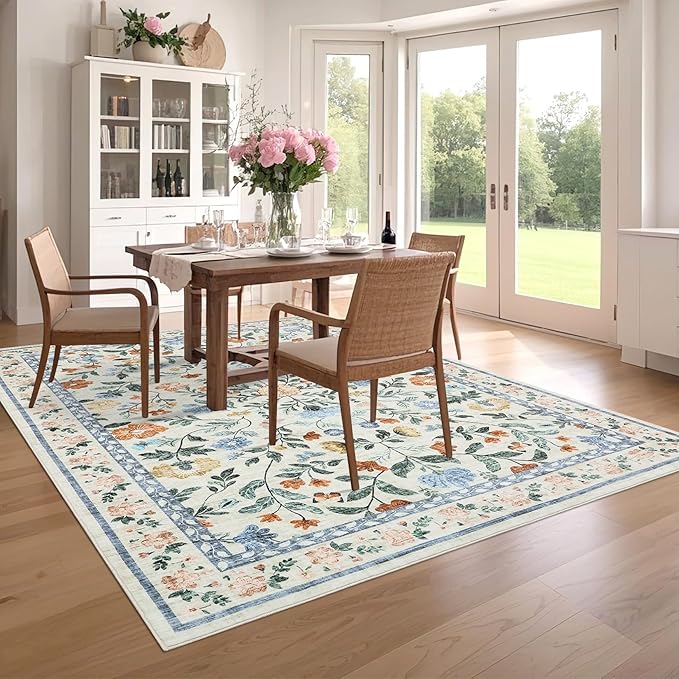8x10 Washable Floral Distressed Rug, Vintage Farmhouse Area Rug for Living Room, Non-Slip Low Pile Soft Carpet for Nursery Bedroom Dining Room Home Office, Green