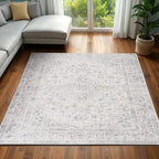 4x6 Washable Rug – Boho Non-Slip Indoor Area Rug for Living Room, Bedroom, Dining Room, Entryway – Ivory and Mist Grey with Subtle Blue Accents