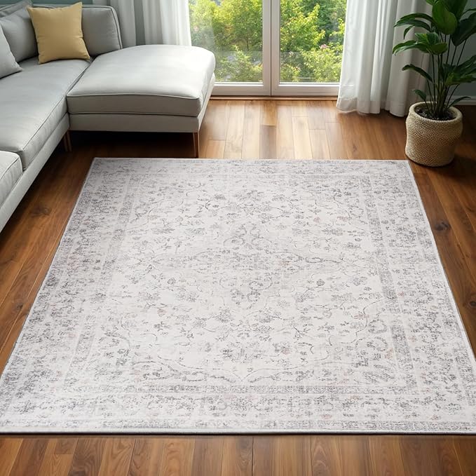 5x7 Washable Rug – Boho Non-Slip Indoor Area Rug for Living Room, Bedroom, Dining Room, Entryway – Ivory and Mist Grey with Subtle Blue Accents
