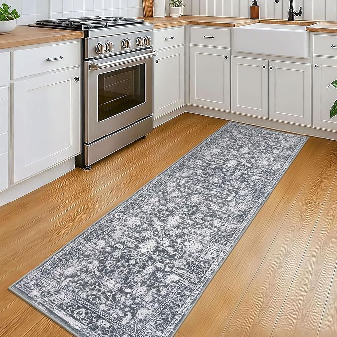 KILOCOCO Hallway Runner 2x6 Rug Runner Printed Vintage Floral Washable Kitchen Runners Non-Slip Rubber Backed Runners for Hallways Laundry Room Distressed Boho Rugs for Entryway Bedroom, Grey