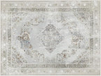 Phantoscope Washable Area Rug 9'x12' Non-Slip, Vintage Neutral Rugs for Living Room, Bedroom, Dining Room, Distressed Boho Medallion Pattern, Low-Pile Foldable Floor Carpet, Silver Grey/Taupe