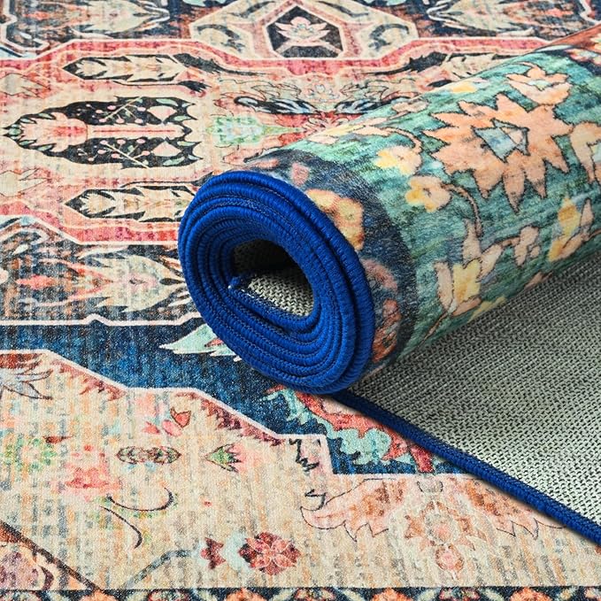 Large Area Rugs 8x10, Low Pile Washable Rugs, Soft Vintage Distressed Rugs for Living Room Bedroom, Office, Dining Room, Water Repellent & Non Shedding, Terracotta