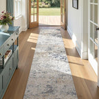 Washable Runner Rug for Hallway: 2.6x10 Neutral Modern Abstract Low Pile Area Rug with Non-Slip Backing - Carpet for Bedroom Kitchen Laundry Entryway Bathroom Indoor - Beige Blue