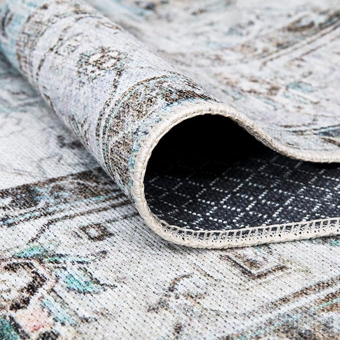 Bloom Rugs Washable Non-Slip 6' x 9' Rug - Beige/Blue Traditional Area Rug for Living Room, Bedroom, Dining Room, and Kitchen - Exact Size: 6' x 9'