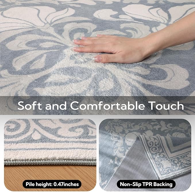 SOULFUL Medium Pile 4x6 Rugs for Living Room - Soft Foot Feel Area Rug - Greige Boho Floral - Washable Non-Slip - Perfect for Bedroom Kids Room Under Dining Table Office