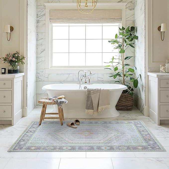 Fame Living Washable Area Rug. Modern Farmhouse. Vintage. Turkish. Bohemian. Distressed. Oriental. Traditional. Rugs for Living Room. Dining. Bedroom. Office. Entryway. Foyer. (856GrnCrm, 5'9" x 8'9")