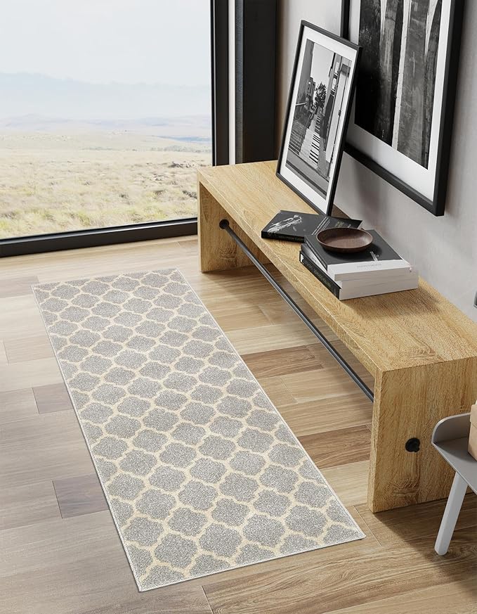 Rugs.com Lattice Collection Rug – 6 Ft Runner Light Gray Medium-Pile Rug Perfect for Hallways, Entryways