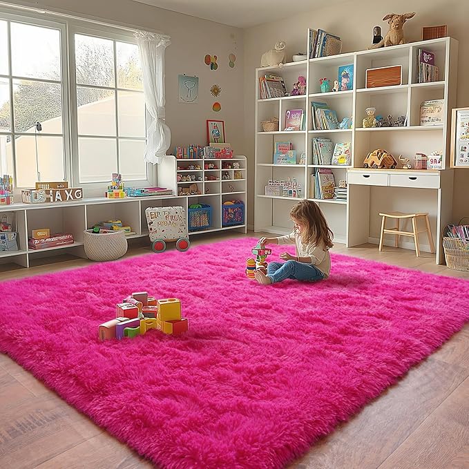 Shaggy Area Rugs, Hot Pink Fuzzy Rugs for Kids Bedroom, Soft Play Nursery Area Rug for Girls, Shag Area Rugs Non Slip, Fluffy Rug Carpet 8x10Ft