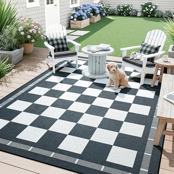 Vasofe Checkered Jute 6x9 Area Rugs, Washable Outdoor Patio Rug for Living Room Entrance Indoor Carpet, Non Slip Farmhouse Neutral Geometric Rugs for Bedroom Dining Room Backyard, Black and White