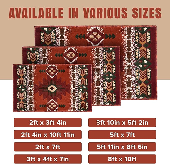 YHSF South West Native American Area Rug C318 - Easy Clean, Thick, Soft, Durable Native Tribal American Indian Inspired Rug for Bedroom/Living Room and More - Rust, 5 Feet 11 Inches x 8 Feet 6 Inches