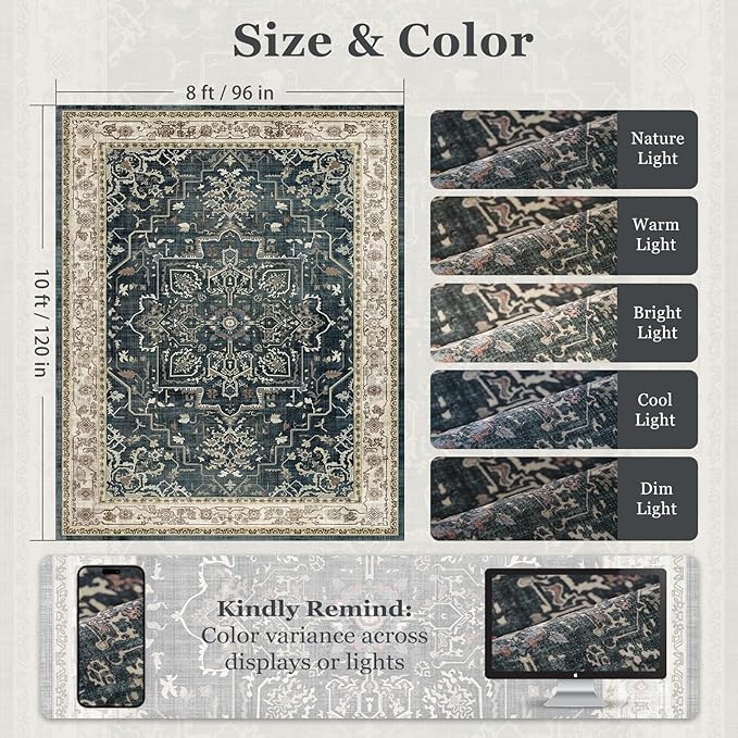 Vintage Distressed 8x10 Rugs for Living Room Bedroom, Washable Non Slip Dining Room Rugs for Under Table, Low Pile Thin Soft Carpet Farmhouse Dark Medallion Printed, Midnight/Multi