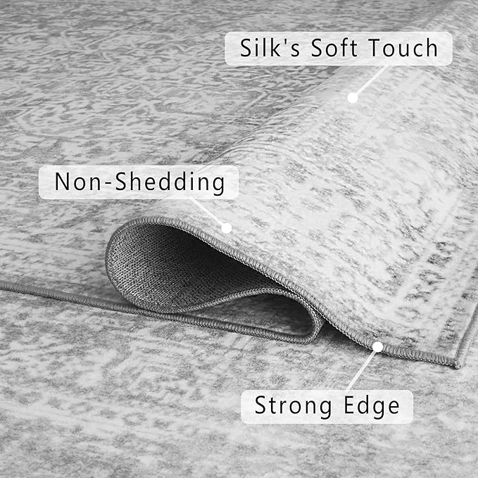 vivorug 8x10 Neutral Area Rugs, Stain Resistant Washable Rug for Living Room, Vintage-Inspired (Ivory/Silver, 8'x10')