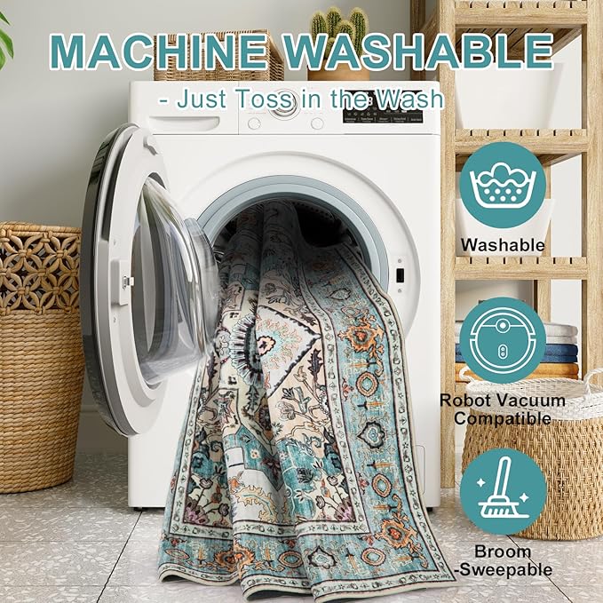 WILLSUN Washable Area Rugs, 2x3 Non-Slip Boho Small Area Rugs for Entryway, Kitchen, Bathroom, Machine Washable Vintage Rug, Indoor Floral Print Carpet for Home Decor, Kid & Pet Friendly Mat