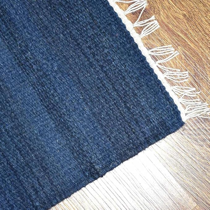 Rugsotic Carpets Hand Woven Flat Weave Kilim Wool ECO-Friendly Area Rugs - 8'x10', Rectangle Shape, Blue Color, Solid Plain Design, Low Pile Handmade Area Rugs for Living Room, Bed Room (D00111)