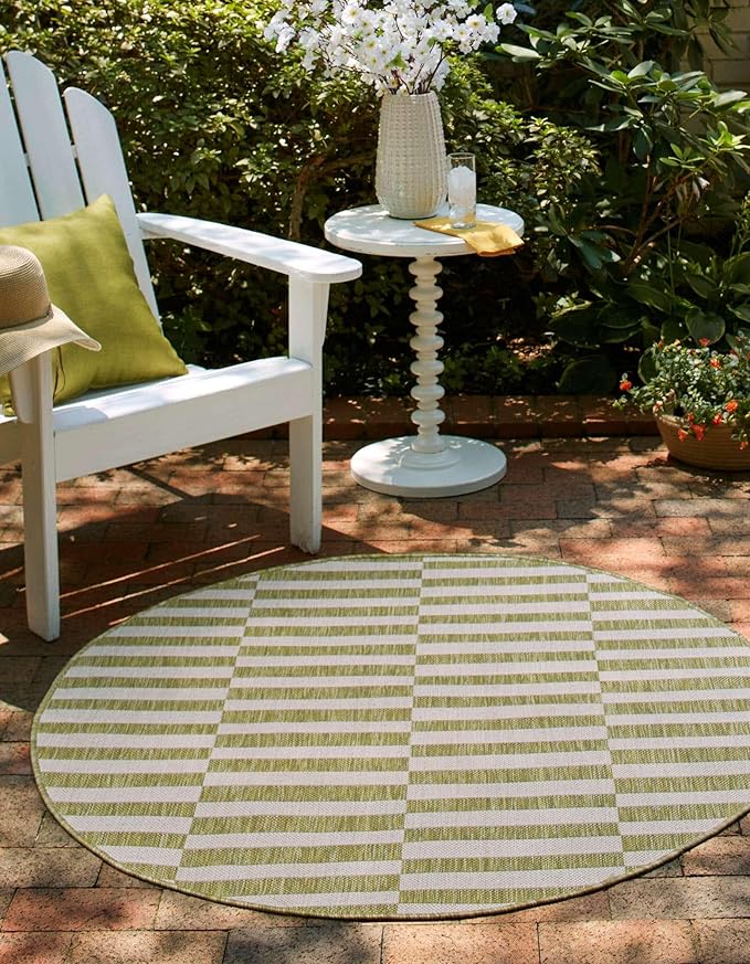 Unique Loom Outdoor Striped Collection Area Rug - Striped (7' 10" Round Green/Ivory)