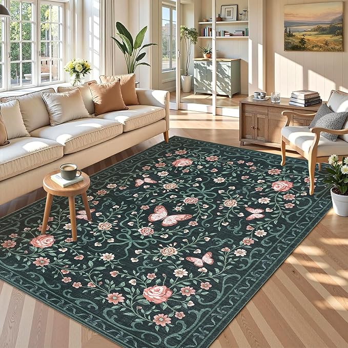 GarveeHome 3x5 Small Area Rug for Bedroom Floral Washable Rugs Non Slip Stain Resistant Living Room Throw Carpet Low Pile Dining Room Black Area Rug Butterfly Bow Rugs for Nursery Home Decor, 3x5