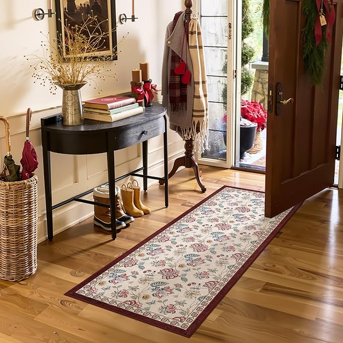 jinchan Elora 2x5 Floral Runner Rug for Hallway Washable Kitchen Runner Vintage Romance Design Non Slip Thin Indoor Floor Cover Low-Profile Throw Carpet for Entryway Bathroom Bedroom Porch, Red/Beige