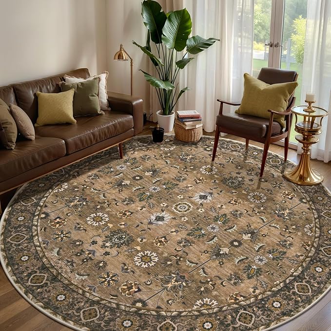 Tangsoo Vintage Round Rug 6ft,Washable Circle Rug, Non Slip Boho Round Area Rug,Low Pile Circular Rugs,Large Round Rugs Carpet for Livingroom,Bedroom,Nursery,Dorm,Office,Brown