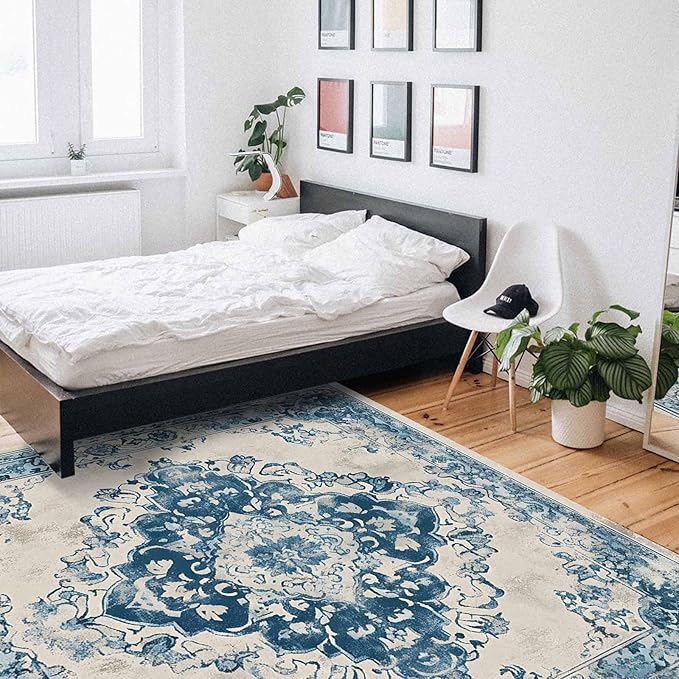 Blue Bohemian Rectangular Area Rugs for Living Room Bedroom 2.8 x 5 ft Vintage Farmhouse Floral Pattern Non-Shedding Soft Low Pile Rug Non Slip Washable Rug for Nursery Entryway Playroom