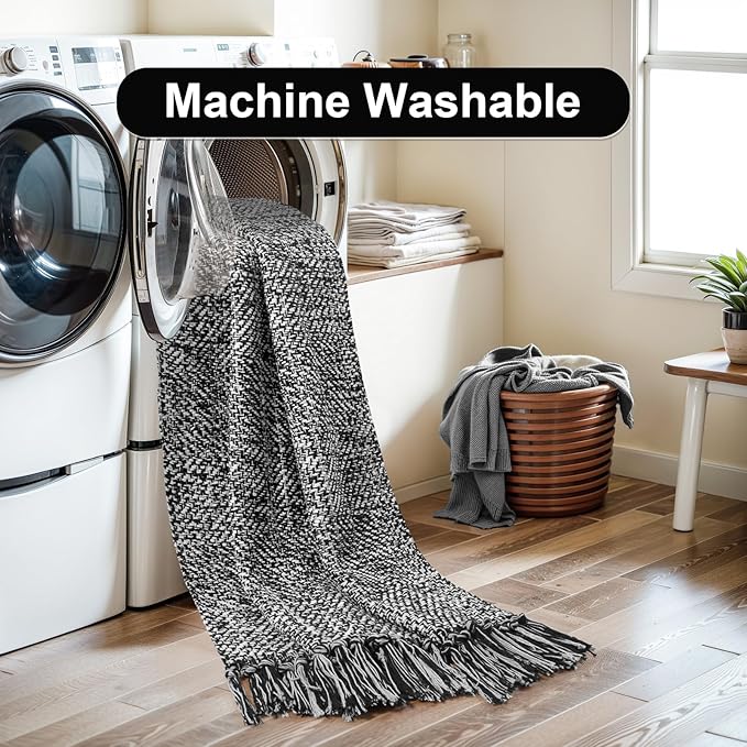 Collive Washable Area Rug 3' x 5', Modern Woven Kitchen Rugs, Black/Cream Braided Cotton Rug Indoor Door Mat Throw Carpet for Entryway Living Room Nursery Mudroom Laundry Room