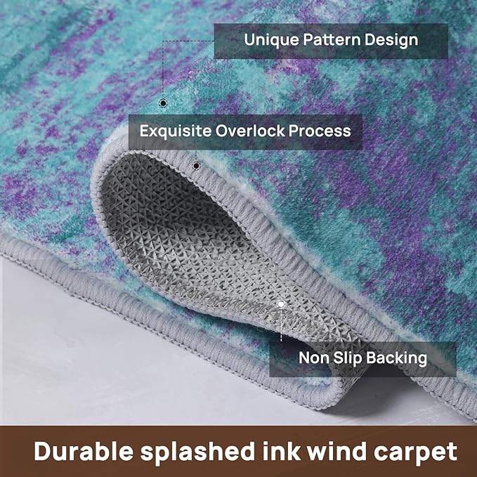 Abstract 4x6 Area Rug, Modern Indoor Entryway Rugs, Washable Soft Non-Slip Accent Carpet Door Mat for Dining Room Kitchen Bedroom - Teal+Purple
