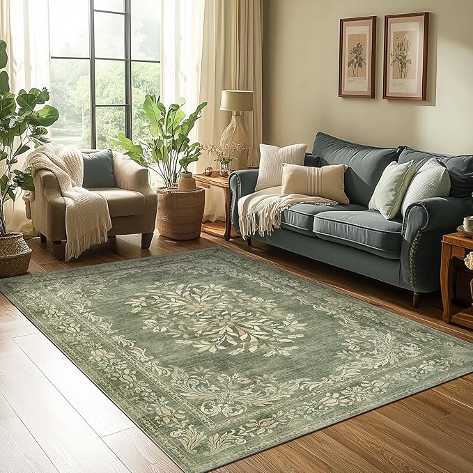 jinchan Green 4x6 Area Rugs Vintage Floral Design - Machine Washable Distressed Soft Ultra-Thin Low-Pile Non-Slip Carpet for Entryway Kitchen Bedroom Nursery Living Room Dining Room (4x6ft,Green)