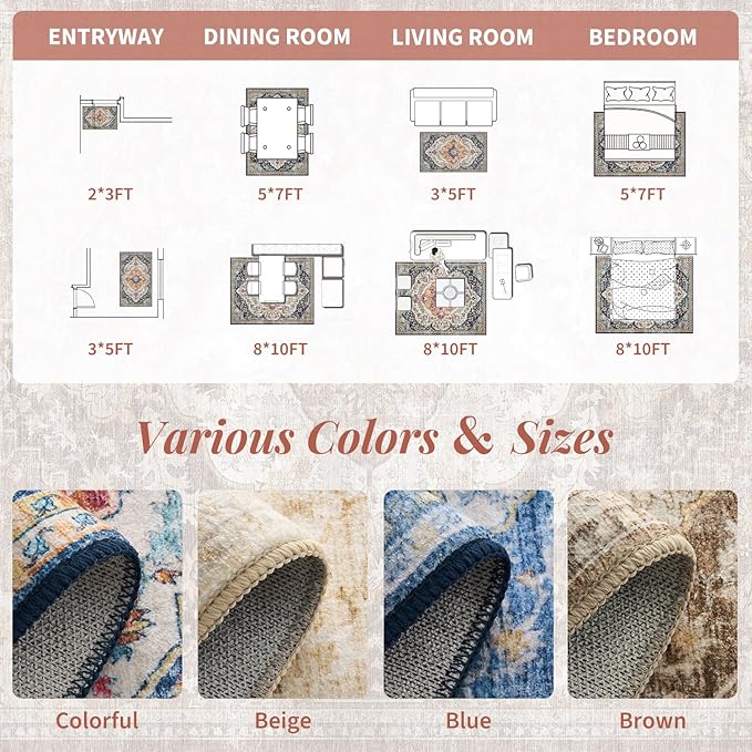 tchdio 8x10 Area Rugs for Living Room, Vintage Non Slip Washable Rug, Soft Low Pile Colorful Area Rug Large Floor Indoor Carpet for Bedroom, Dining Room, Office (Multi, 8'x10')