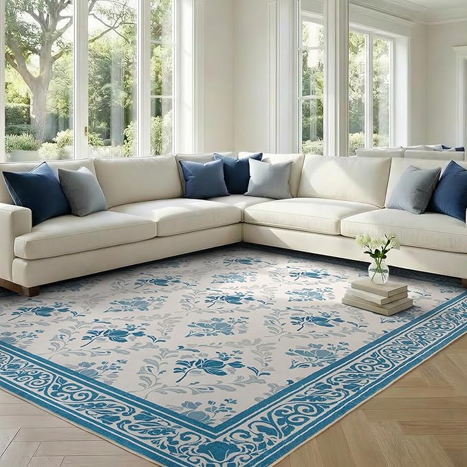 SOULFUL Medium Pile 4x6 Rugs for Living Room - Soft Underfoot Area Rug - Blue Boho Floral - Washable Non-Slip - Perfect for Bedroom Kids Room Under Dining Table Office