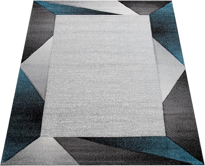 Paco Home Modern Area Rug Bordered with Geometric Pattern Turquoise Grey with Contour Cut, Size: 2' x 3'7"