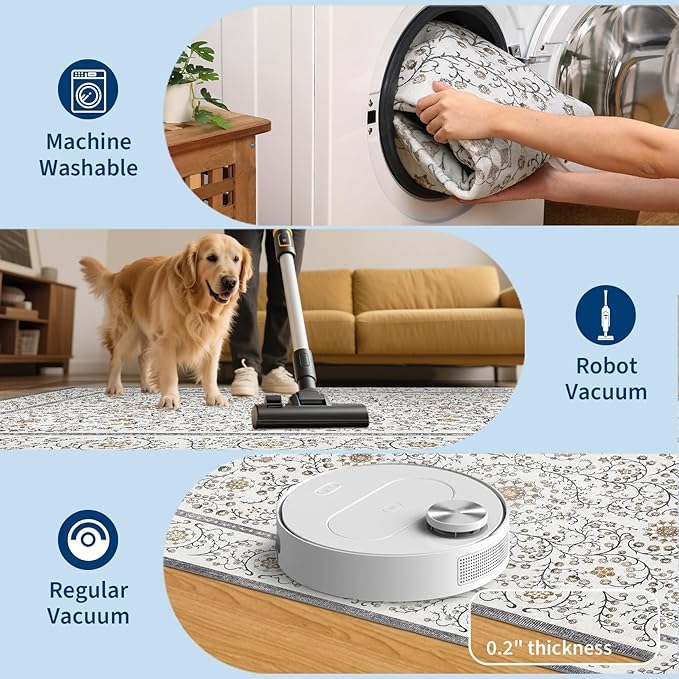 GarveeHome Boho 5x7 Area Rug for Bedroom, Floral Vintage Rugs for Living Room with Soft Low Pile, Non Slip Botanical Washable Rugs 5x7 for Dining Room Grey Carpet for Entryway Dorm Office Playroom