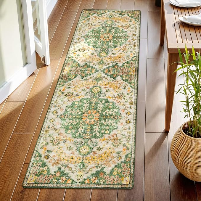 Lahome Bohemian 2x6 Washable Hallway Runner Rug, Kitchen Runner Rugs Non Skid Washable, Floral Medallion Soft Bathroom Carpet Runners for Laundry Room Bedroom Foyer Entryway, Yellow/Green/Multi