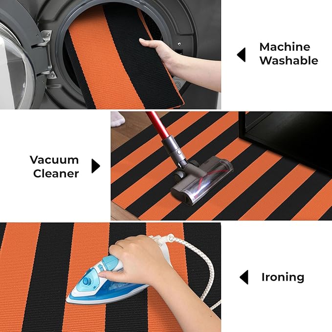 KOZYFLY Orange and Black Striped Rug Doormat 2x3 Ft Halloween Fall Cotton Woven Washable Indoor Outdoor Rugs for Layered Door Mats Porch/Kitchen/Farmhouse