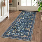 Boho 2x5 Runner, Navy Floral Washable Hallway Runner, Non-Slip Kitchen Runner, Super Thin Printed Faux Wool Soft Carpet for Entryway, Front Door, Backdoor, Bedside