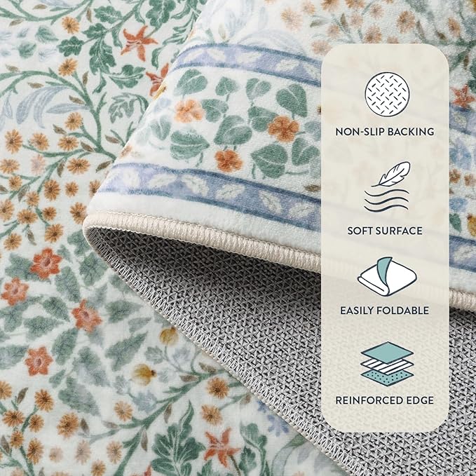 Lahome Floral Washable Rugs 8x10, Soft Green 8x10 Area Rugs for Living Room Bedroom, Boho Non-Slip Forest Stain Resistance Large Throw Carpet for Farmhouse Dining Room Office, Green