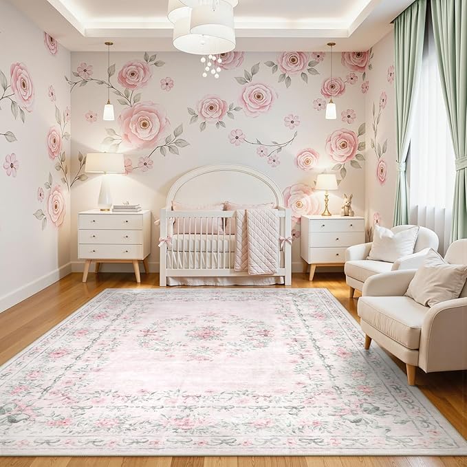 Wonnitar Washable 9x12 Area Rugs, Ultra-Thin Large Area Rug for Living Room, Pink Soft Non Slip Boho Floral Bow Apartment Decor Carpet for Big Bedroom Playroom Nursery Office, Light Pink