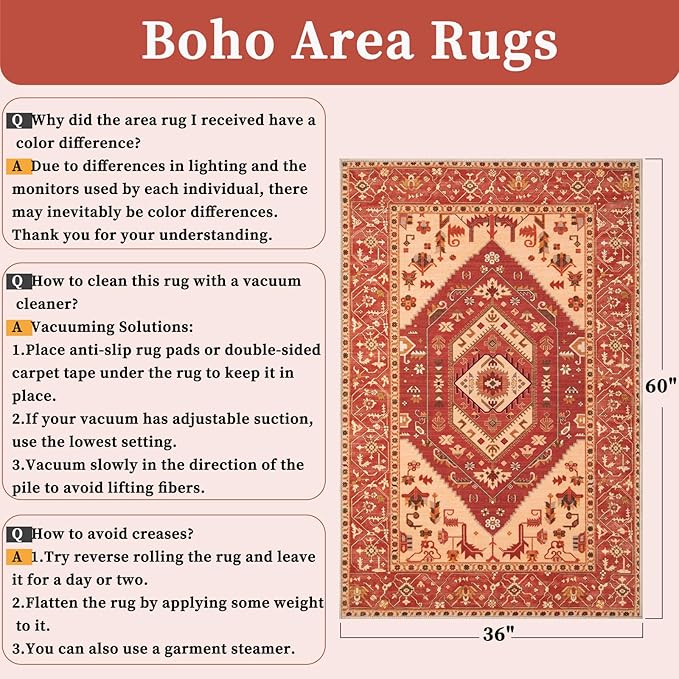 SERISSA Area Rug 3x5 Boho Rugs for Bedroom, Washable Non-Slip Living Room Rug, Ultra Soft Print Distressed Vintage Red Beige Rug Low-Pile Throw Carpet for Entry Kitchen Bedroom Nursery Dorm Decor