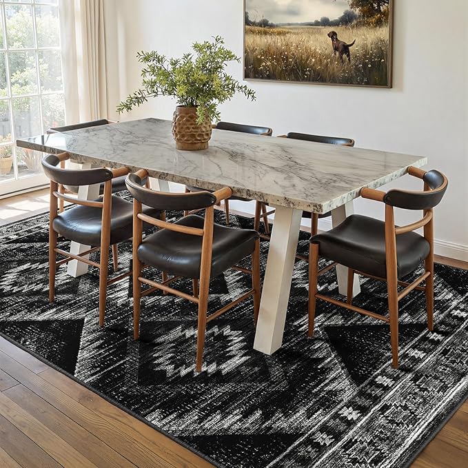 Area Rug 5x7 Rug Machine Washable Non-Slip Low Pile Print Pattern Western Rug for Living Room Bedroom Entryway Tribal Series -Black
