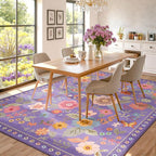 Floral 6x9 Area Rug Machine Washable Soft Print Boho Carpet Non Slip Doormat Low Pile Flower Area Rugs for Living Room Bedroom Nursery Kitchen Dining Room Indoor-Purple/Pink/Multi