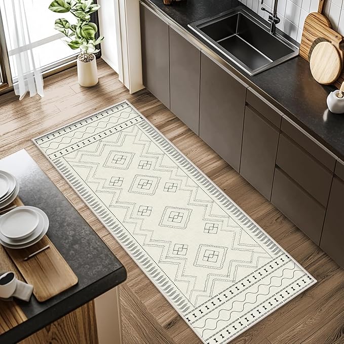 Beige White Runner Rug, 4x10ft Black Geometric Square Pattern Hallway Decor Rug - Modern Home Corridor & Foyer Accent Carpet, Non-Slip Mat Washable Rugs, Stylish Carpet for Hallway Spaces